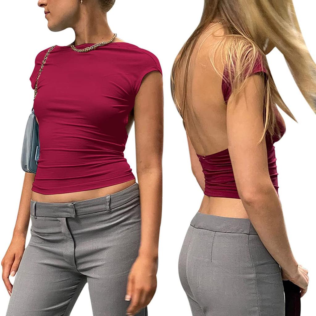 Women's Sexy Open Back Short Sleeve Slim Round Neck Casual Open Navel T-shirt