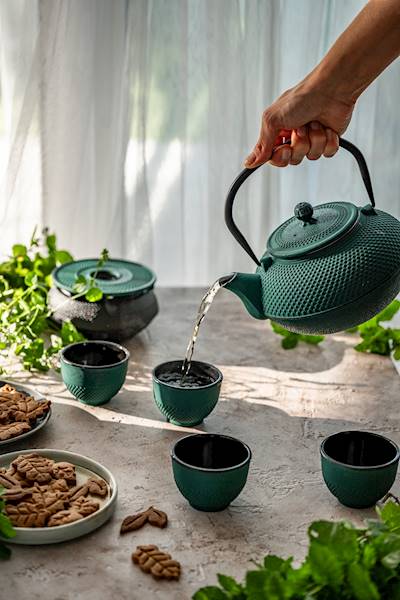 CAST IRON KETTLE 1.5L TEAPOT 4x CUPS INFUSER PADS TEA STRAINERS