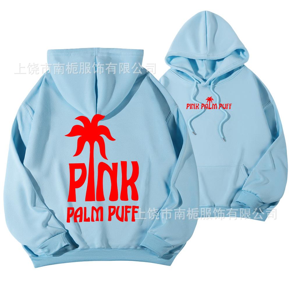 Women's Hooded Long Sleeve Drop Shoulder Pullover Sweatshirt Palm Tree "PINK PALM PUFF" Back Letter Print Casual Hoodie
