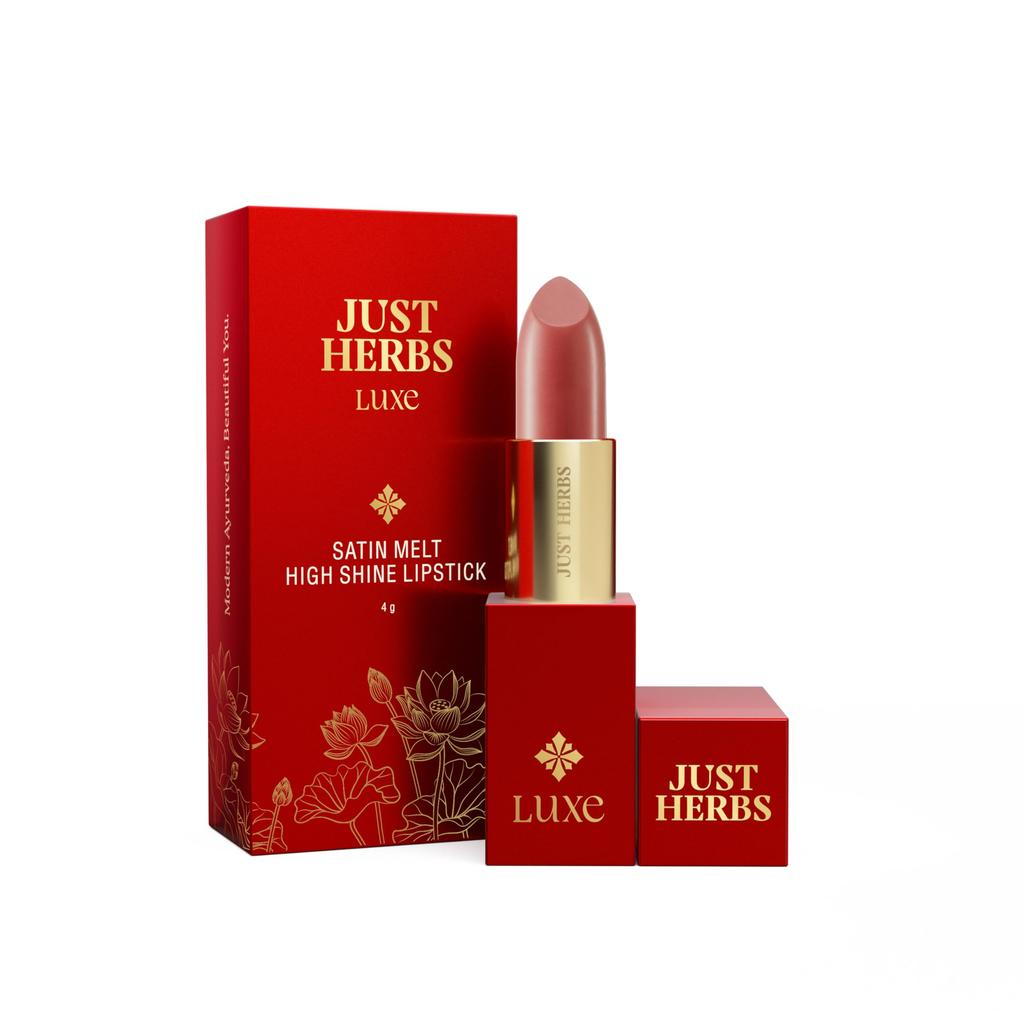 Just Herbs Luxe Satin Melt High Shine Lipstick | Luxury Makeup | Ayurvedic Formula | Long Lasting Shine | Ayurvedic Lipstick - 4 Gm (05 SUNLIT CA