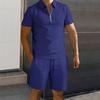 Men Summer Shirt Shorts Set Knee Length Elastic Waist Drawstring Shorts Solid Color Lapel Zipper Neck Short Sleeves Tracksuit Set