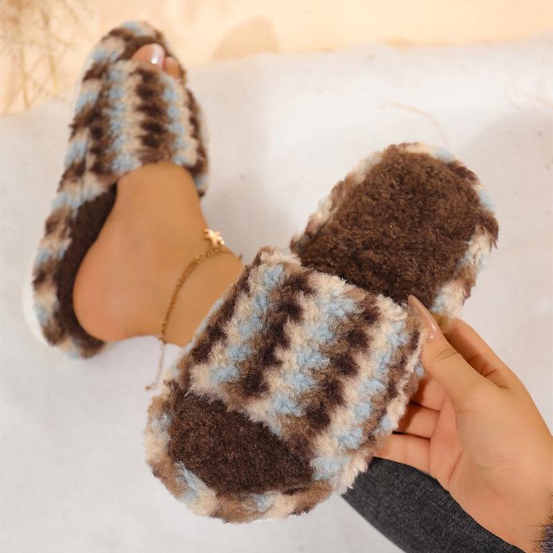 Fashion Retro Soft Bottom Cotton Slippers Women 2025 Striped Mix Color Women's Cotton Slippers Open Toe Slip On Plush Slides Mujer