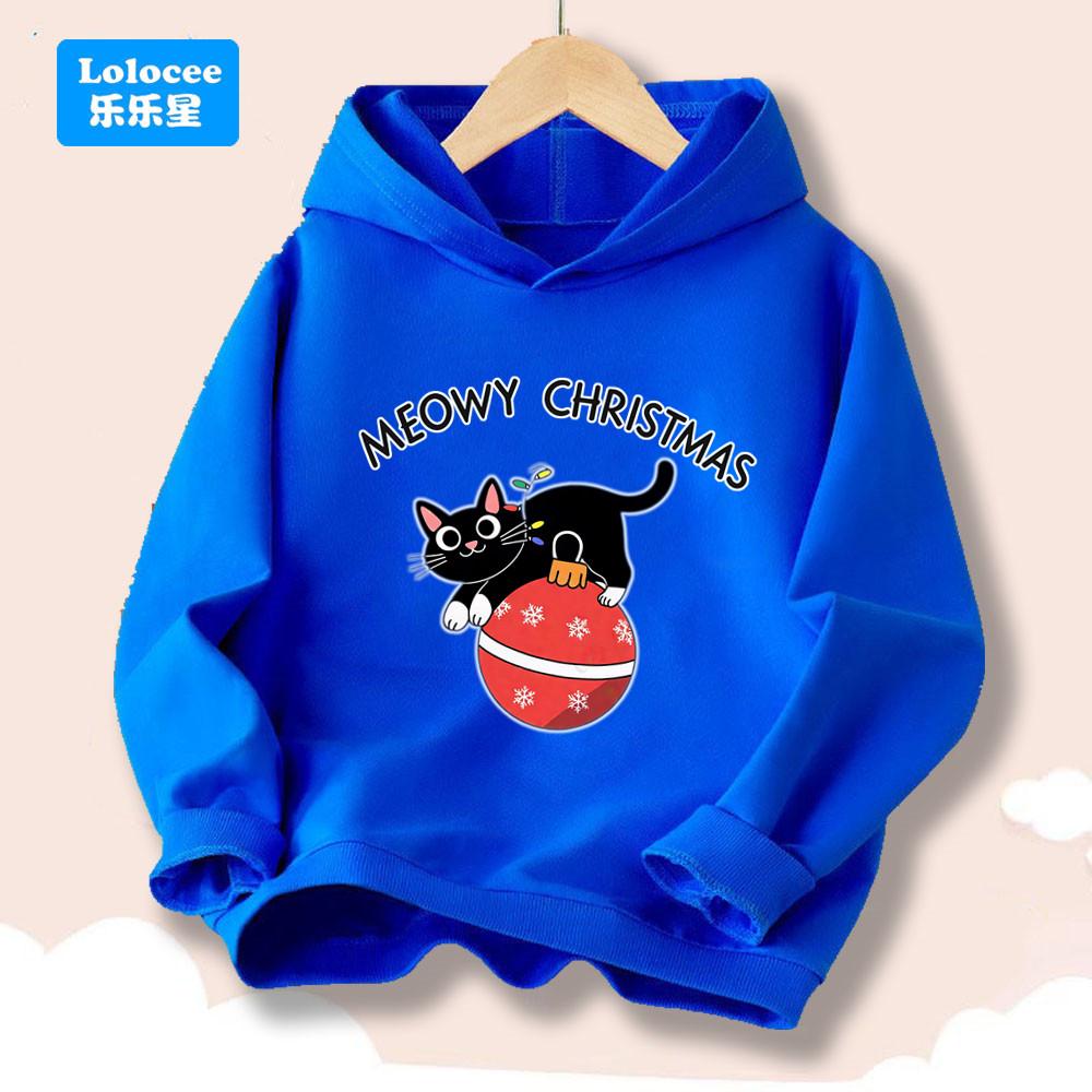 Festive kids hoodie with cool biker Santa and pine tree graphic, cozy breathable material, perfect for family gatherings and seasonal trips.