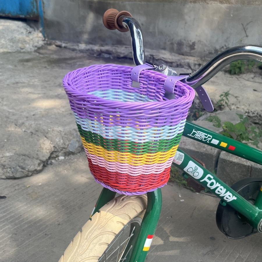 Rainbow Color Bicycle Basket for Kid Front Handlebar Rattan Picnic Basket Plastic Bike Bag Water Bottle Dolls Bicycle Rack Bag