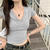 Korean V-Neck Short Sleeve T-Shirt - Women's Summer Trendy Petite Hot Girl Top