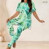 Women Plus Size Printed Two Piece Set Round Neck Short Sleeve Longline Top Fitted Pants Green Blue White