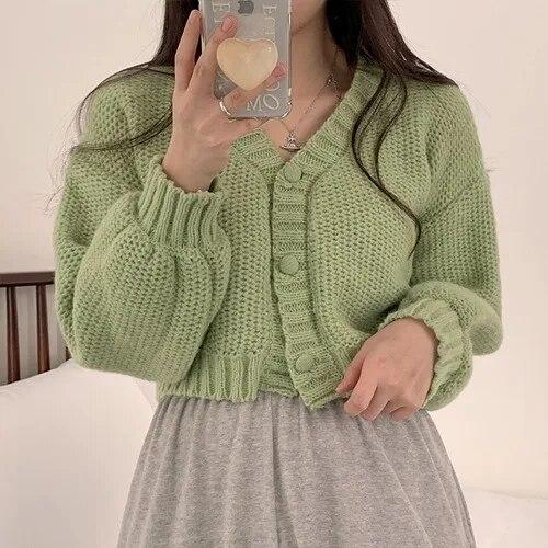 

Сексуальный сладкий короткий вязаный кардиган, милый корейский свитер с рукавами-фонариками и v-образным вырезом для женщин, осенний простой укороченный розовый кардиган, пальто One Size зелёный