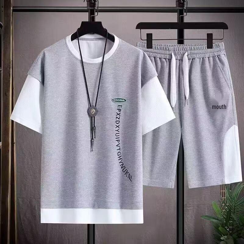 

Мужская спортивная летняя футболка с коротким рукавом из вафельной вязки и повседневный комплект из двух предметов XL