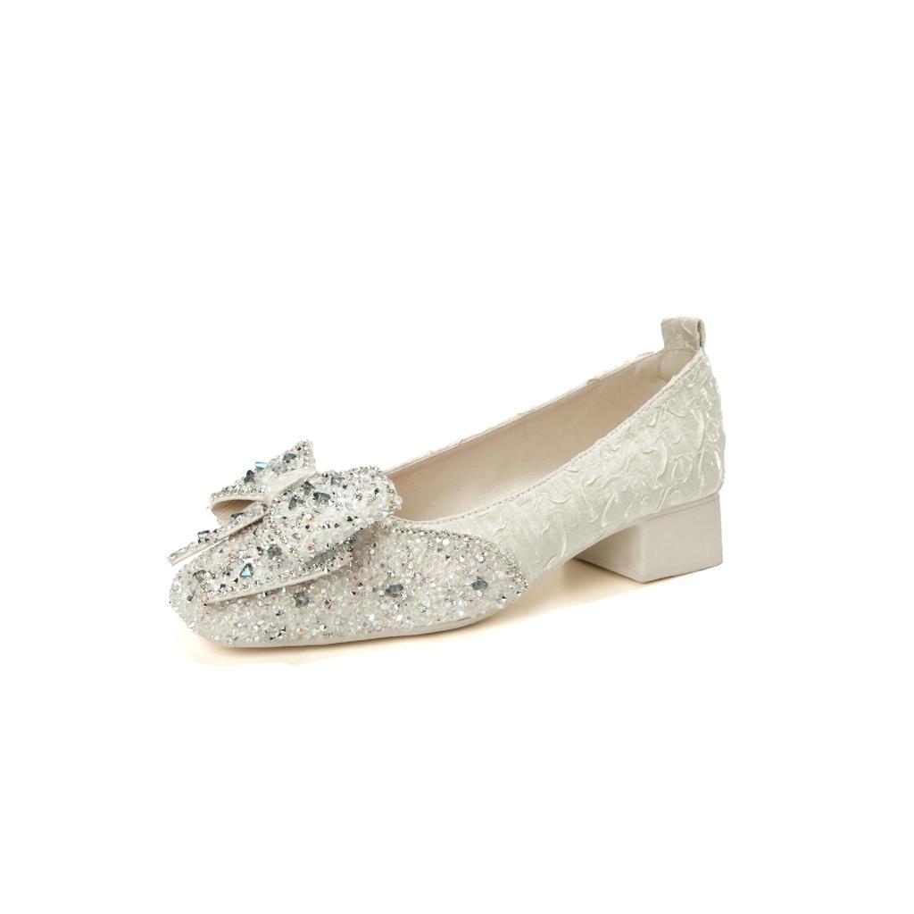 Square Head Temperament Celebrity Rhinestone Shoes Bow Women's Summer New Thick Heel with Skirt Single Shoes