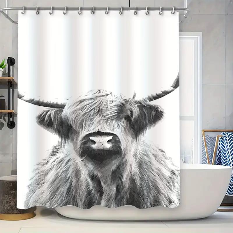 Black and White Highland Cow Shower Curtain Bathroom Decoration Waterproof Printed Bath Mat Decorative Liner Home Accessories