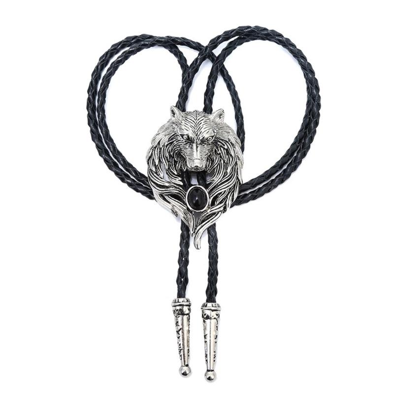 Mens Bolo Tie Necktie Vintage Leather Braided Rope Necklace with Metal Wolf Head Stone Pendant Jewelry Cowboy Necktie
