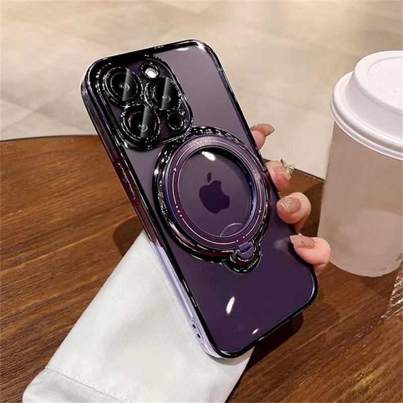 

Роскошный чехол Magsafe для беспроводной зарядки iPhone 11 12 13 14 15 16 Pro Max Plus с прозрачным магнитным кольцом и кронштейном, чехол-бампер iPhone 14 Plus фиолетовый