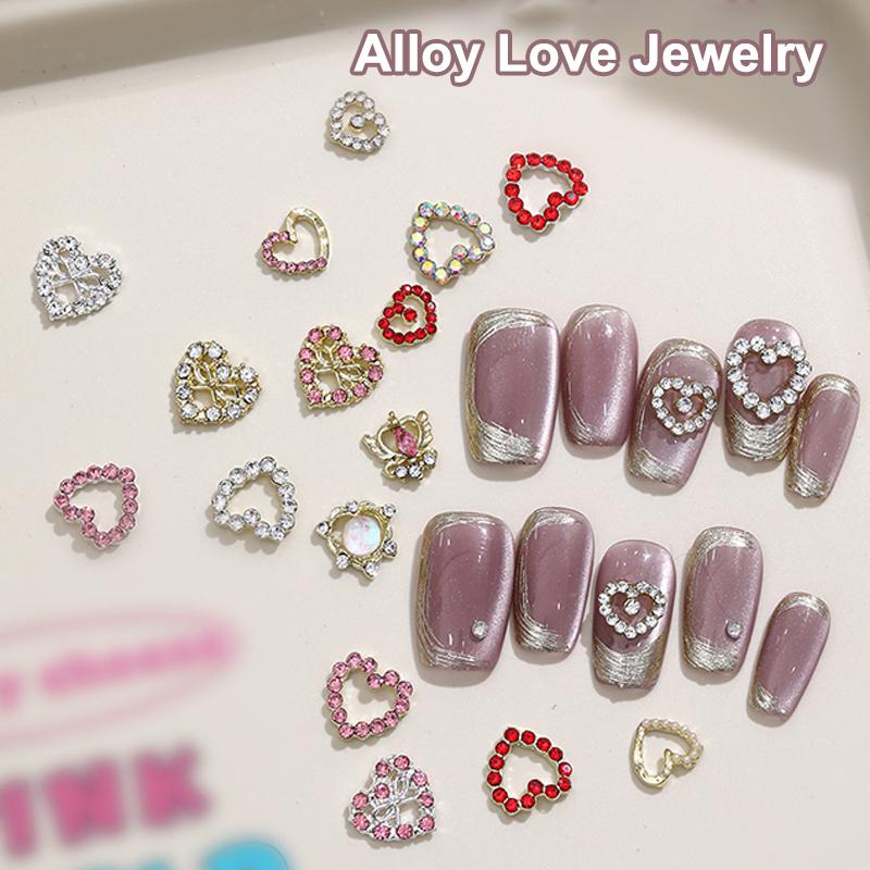 2Pcs 3D Loving Heart Shaped Nail Art Rhinestone Gems Charms Luxury Diamond Alloy Glitter Hearts Jewelry Nail Supplies Accessory