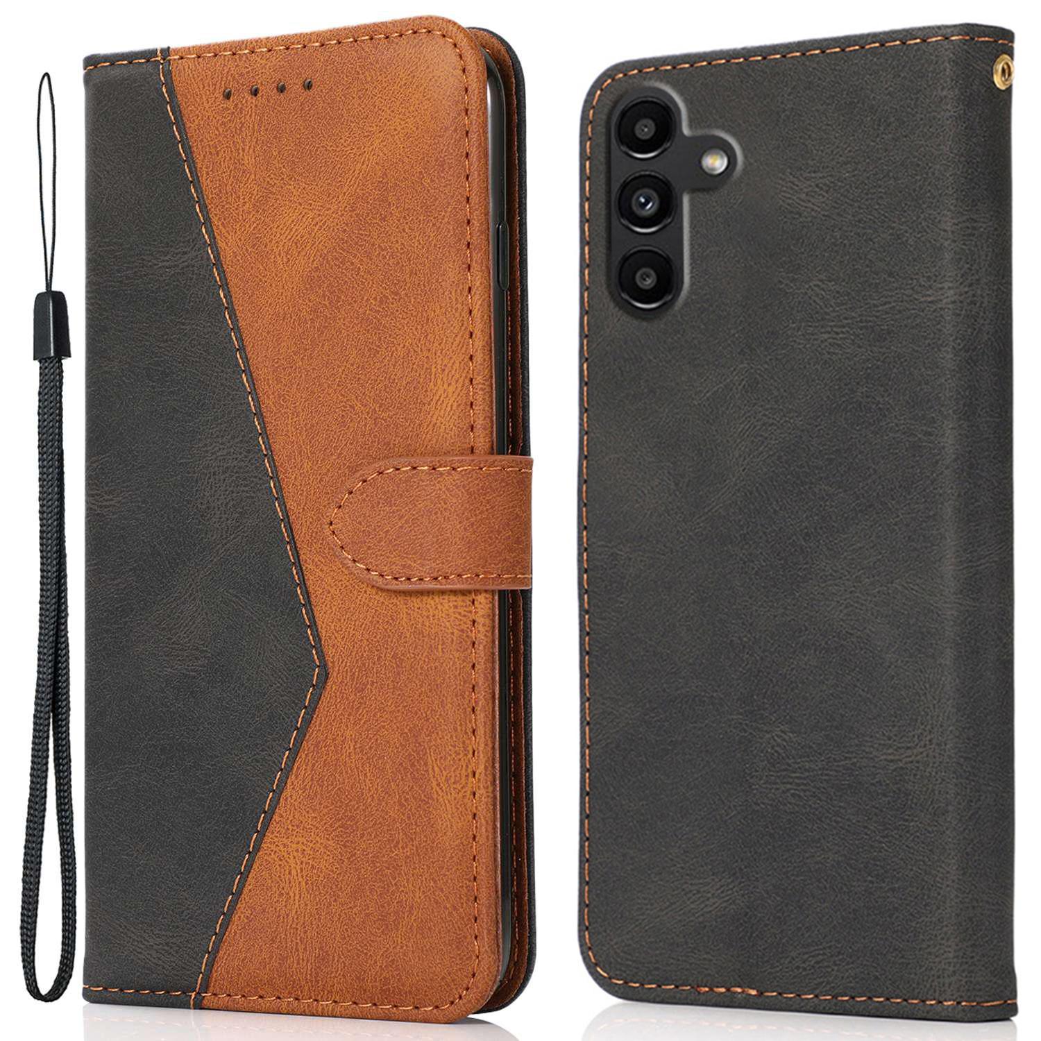 

For Samsung Galaxy A36 5G Cover Color Splicing Wallet Stand Leather Phone Case with Wrist Strap Black Brown