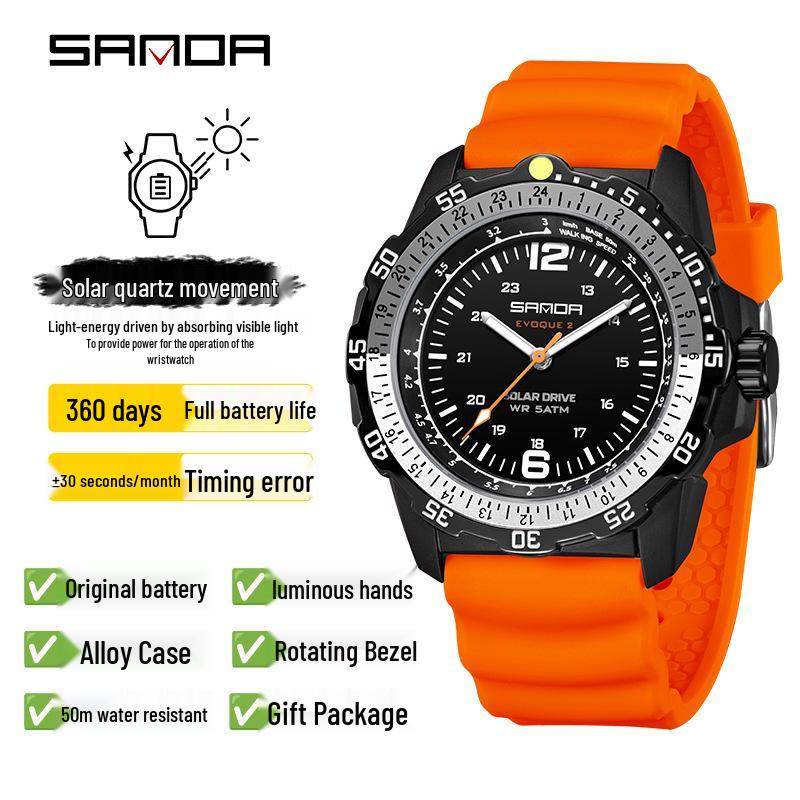 SANDA Solar-Powered Sports Watch: Durable, Waterproof with Long Battery Life and Luminous Quartz Design.