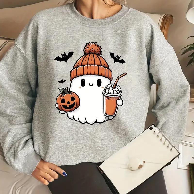 Fall Autumn Women'S Fashion O Neck Long Sleeve T-Shirt Loose Clothes Bat Pumpkin Print T Shirt For Girls Street