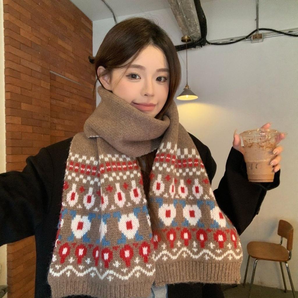 Fair Island Jacquard Knitted Wool Scarf Women's Winter New Brown Retro Thickened Neck Protection Warm Scarf
