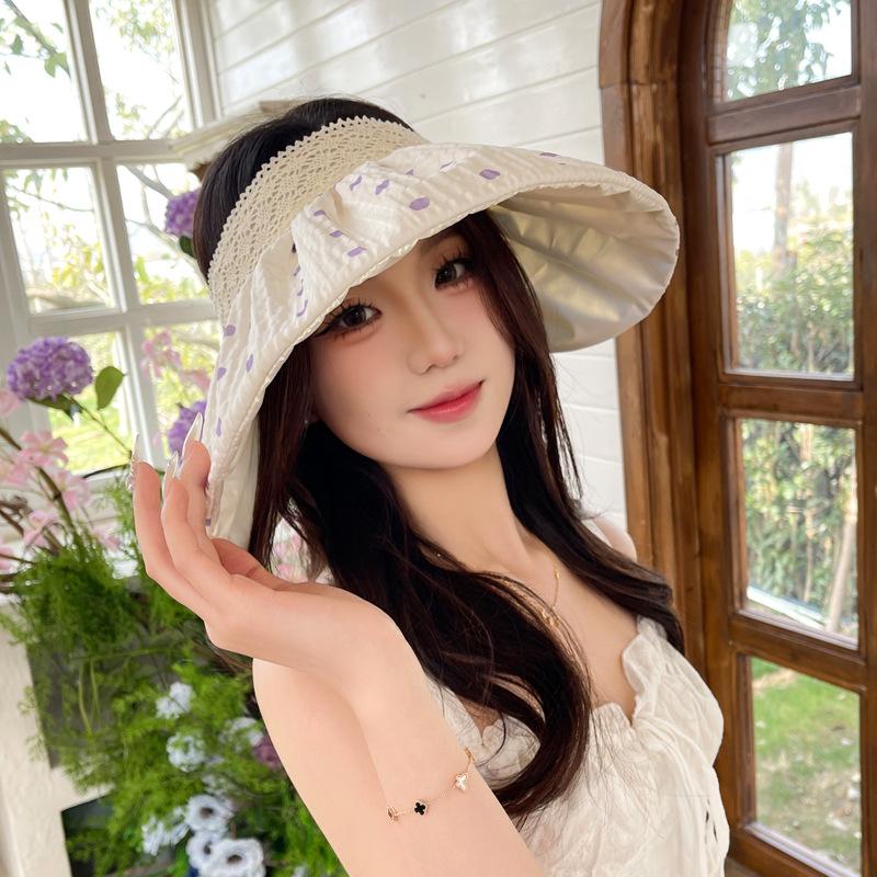 Empty Top Sun Hat Women'S Summer Sun Protection Sun Hat Small Fresh Polka Dot Fashion Big Brim Color Glue Hat