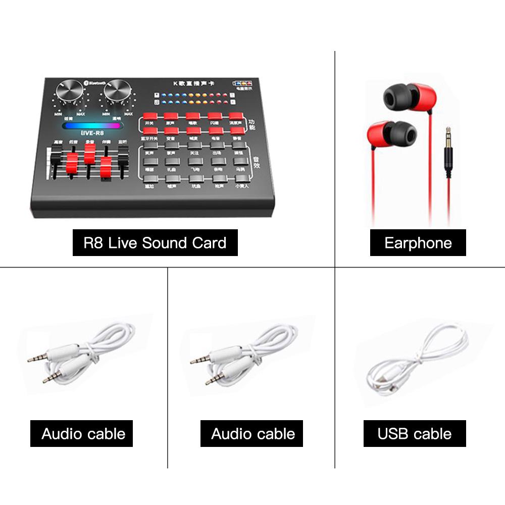 Zvuková karta R8 Live s USB audio kabely + párová sluchátka Ukotvení Zpěv Počítač Mikrofon Hlas