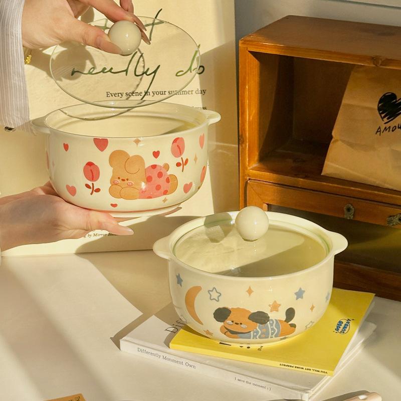 Ins Wind Cute Binaural Instant Noodle Bowl with Lid Household New Noodle Bowl Cream Wind Ceramic Snail Powder Bowl