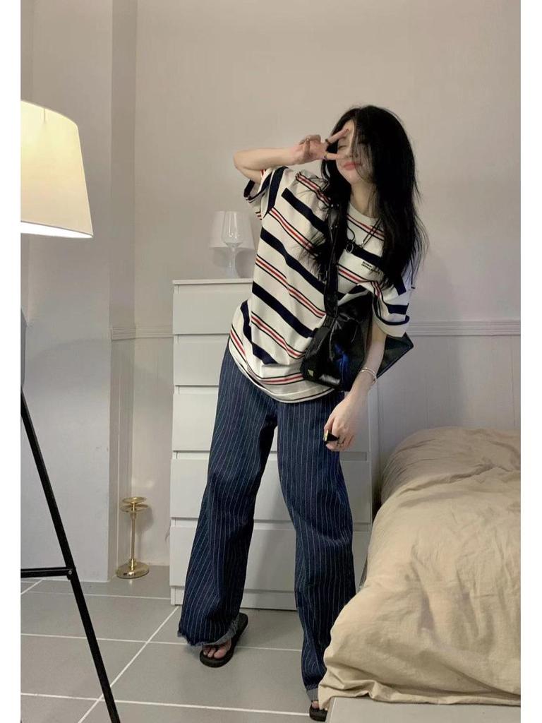 Women's 2024 Striped Pure Cotton Short-Sleeve T-Shirt - BF Style, Loose Fit, Casual Summer Top
