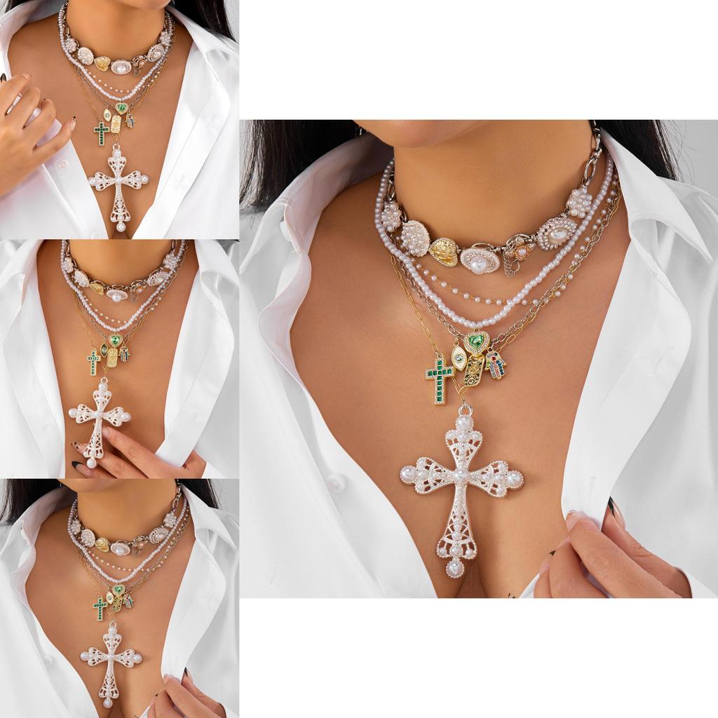Style Layered Cross Pendant Necklace With Rhinestone Embellishments For Women
