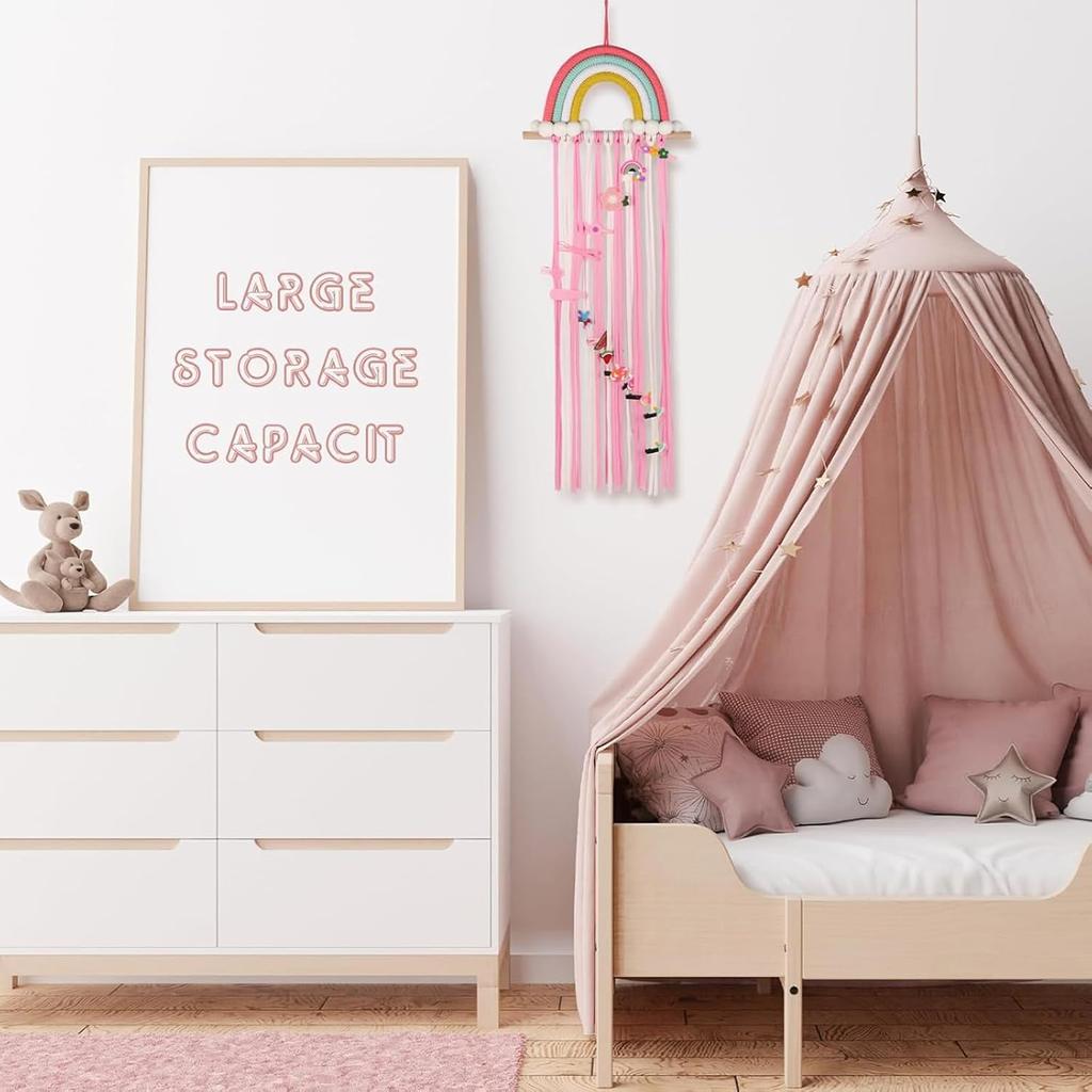 Rainbow Macrame Bow Holder Hanging Hair Bow Organizer for Girls, Hair Clip Holder Hair Clips Headband Storage Hanger Boho Wall Decor