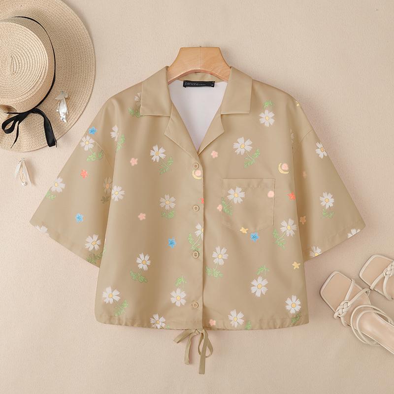 

ZANZEA Женская летняя повседневная блузка с коротким рукавом и цветочным принтом 5XL хаки