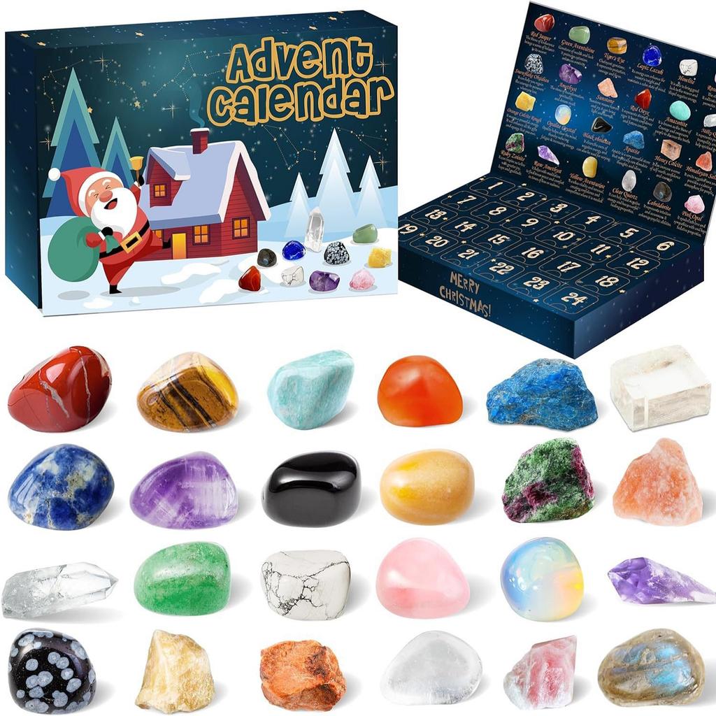Christmas Advent Calendar 24 Days Natural Crystal Gemstones Collection Box Countdown Calendar Crystal Stone Gift Box for Kids