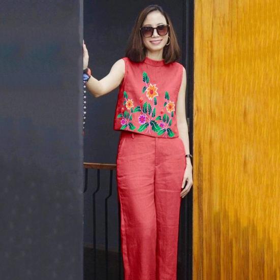 2 Pcs/Set Women Top Pants Set Flower Printing Elastic Waist Casual Sleeveless Loose Daily Wear Round Neck Plus Size Lady Vest