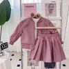 Girls' Spring & Autumn Leather Jacket & Pleated Skirt Set - BCA389