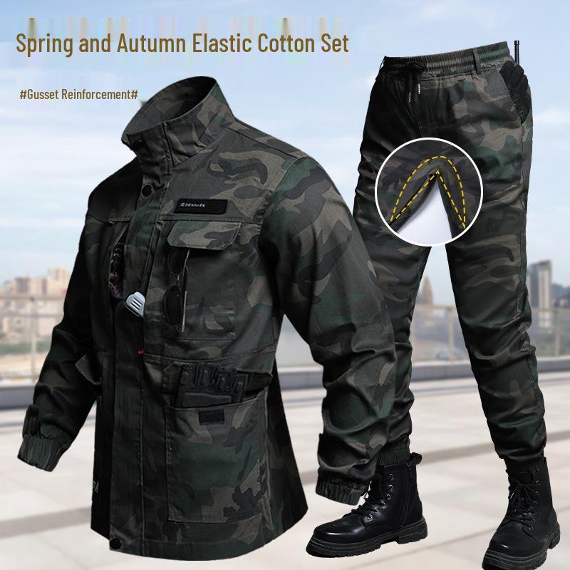 Unisex Elastic Workwear Set, Camouflage, Cotton Thread, Ideal for Welding, Auto Repair, Anti-Scald, Wear-Resistant, Labor Protective.