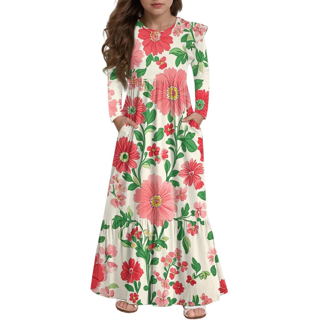Girls' Tiered Ruffle Dress - Long Sleeve Printed Maxi With Pockets