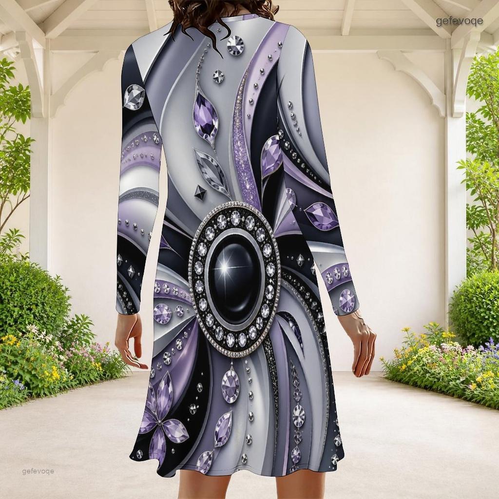 Women Plus Size Round Neck Long Sleeve Black Printed A Line Dress
