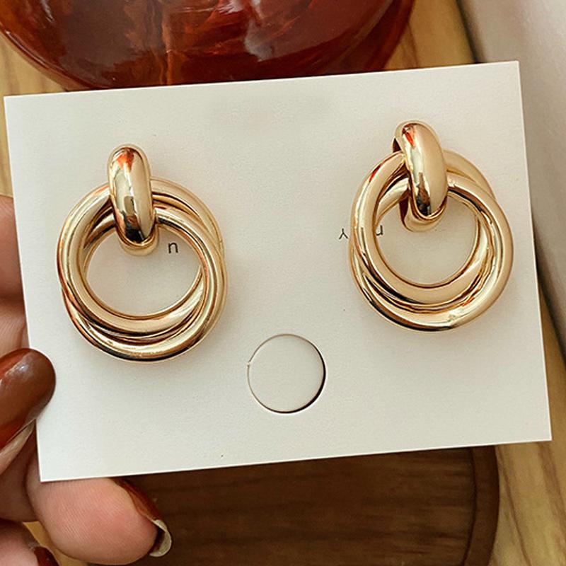 Double Layer Round Circle Dangle Earrings for Women Vintage Simple European Golden Metal Drop Earrings Geometry Zircon Gift