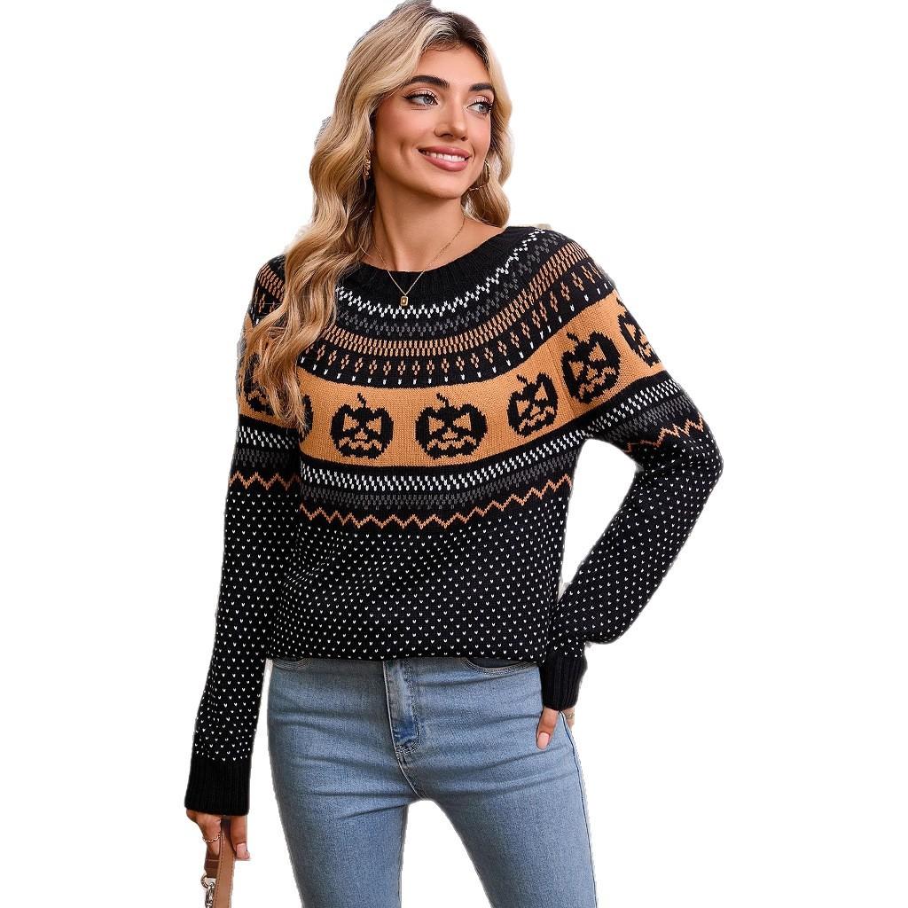 European and American Autumn and Winter Sweater Women's Clothing Halloween Pumpkin Embroidery Retro Polka Dot Long-sleeved Knitted Sweater Women