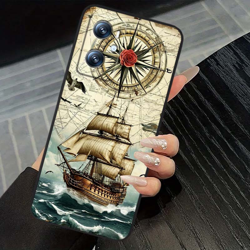 Vintage compass illustration For OPPO Reno 5 6 7 A96 A40 A58 Realme GT A74 A78 Neo2 A74 A78 Find X5 X3 X7 X8 Black Phone Case