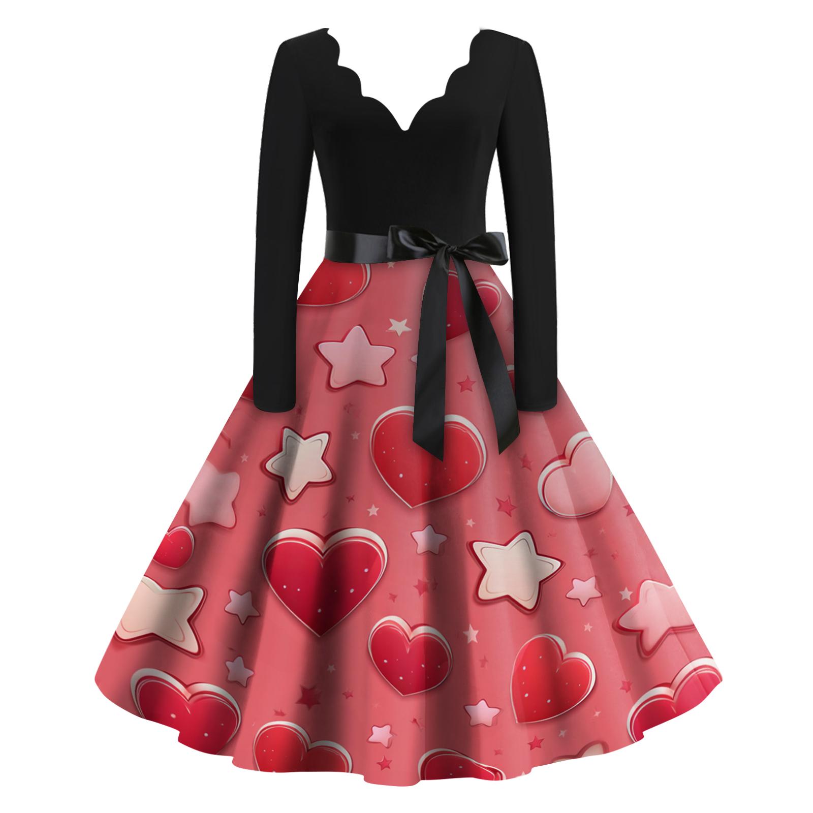 

Women s Casual Fashion Valentine s Day Printed V-Neck Retro Long-Sleeve Dress XL кавун червоний колір