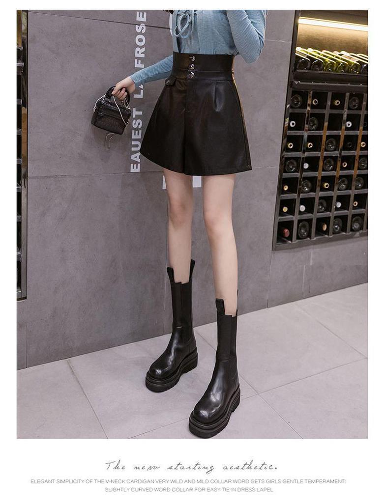 High-Waisted Coffee Leather Shorts for Women, 2024 Trendy Autumn/Winter A-Line Bootcut PU Pants, Perfect with Boots