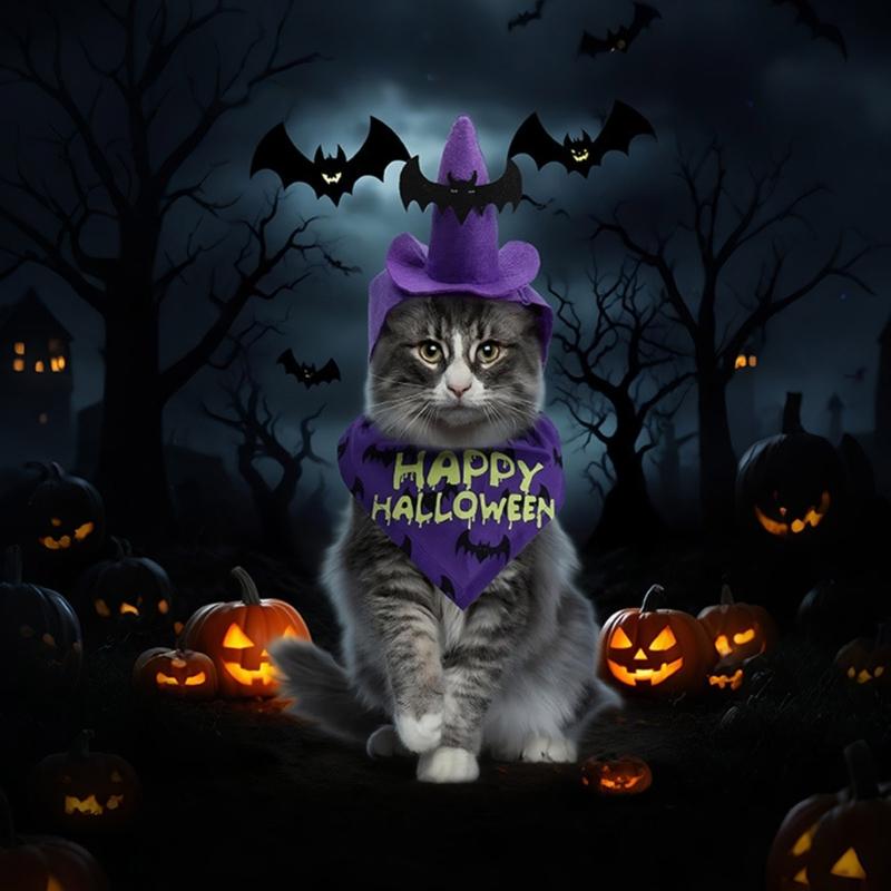 Scary Dog Costume Hat And Bandanas Set Comfortable Halloween Party Outfit Accessory For Small Breeds Holiday Dressingup