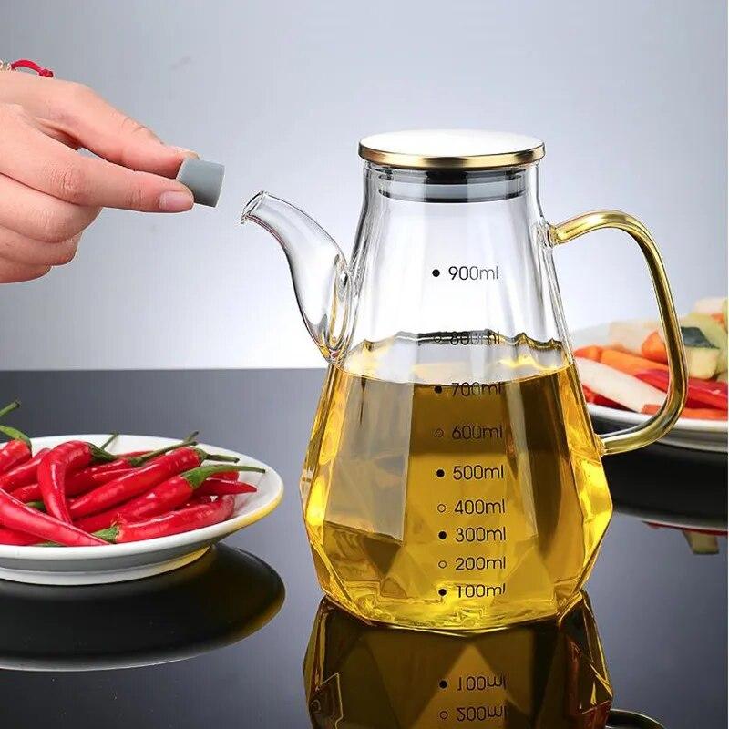 500/700/900ml Home Creative Glass Diamond Oil Bottle with Scale and Handle Kitchen Soy Sauce Vinegar Condiment Storage Container