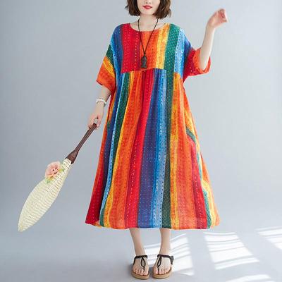 Cotton Vintage Stripe Plus Size Women Causal Loose Long Summer Dress Elegant Clothes 2020 Ladies Dresses Sundress