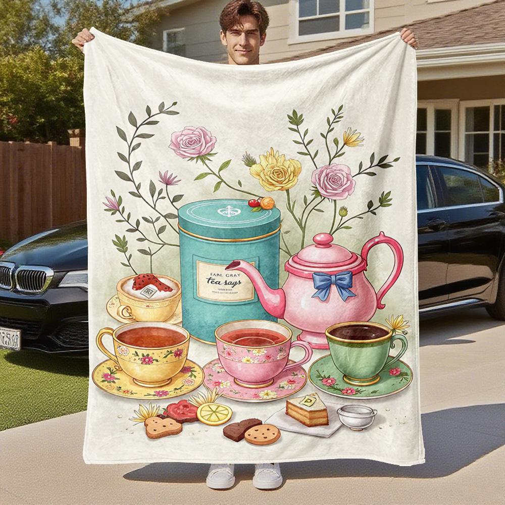 1pc Tea Time Tea Party Outdoor Flannel Blanket Soft Warm All-Season Throw for Sofa Bed Car Camping Office, Cozy Gift Idea1282S