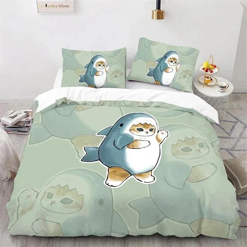 Cute Kitten Duvet Cover Pillow Case Mofusand Anime Shark Cat Bedding Set Single Double Queen Size Teen Gift Room Decor 3PCS set