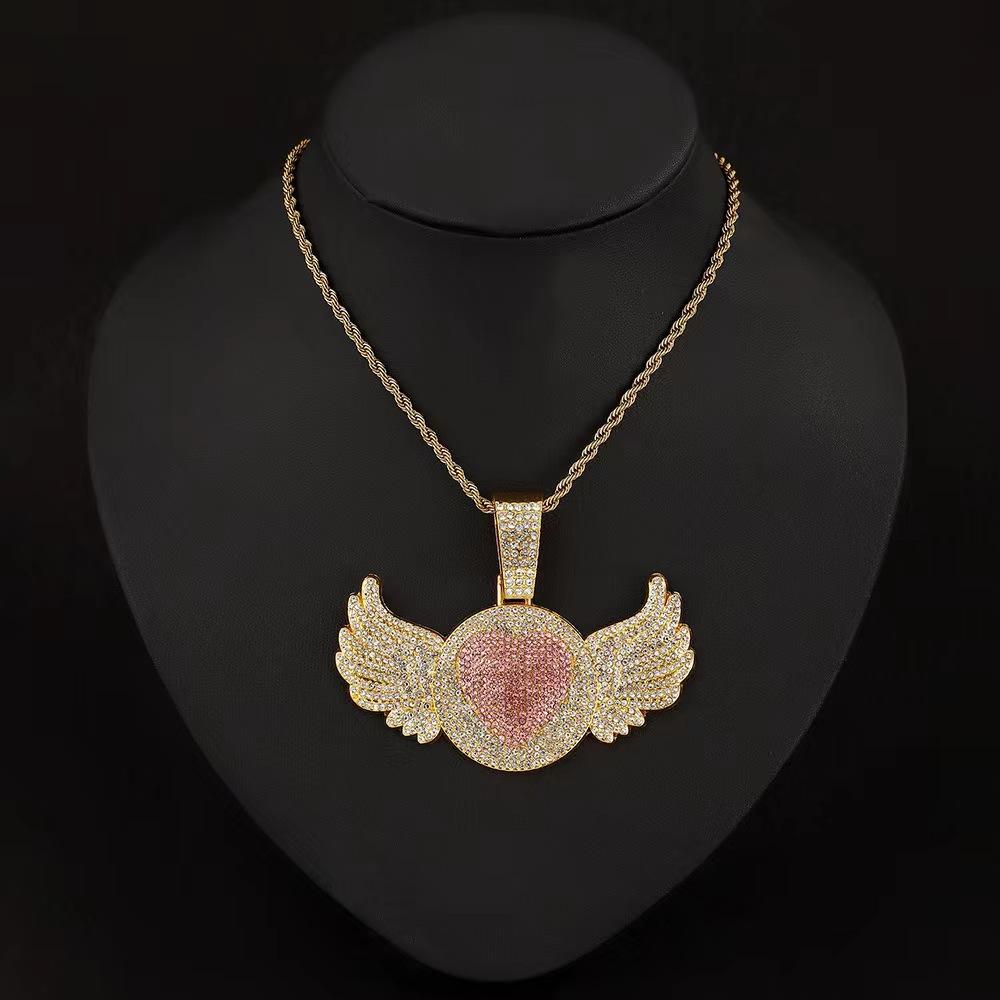 Hip Hop Rap Trendy Creative Pink Diamond Love Angel Wing Pendant Necklace Pink Diamond Love Men's Necklace