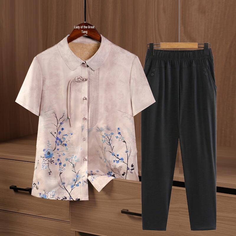 Tang Lady Summer Floral Print Two-Piece Shirt Set 4XL