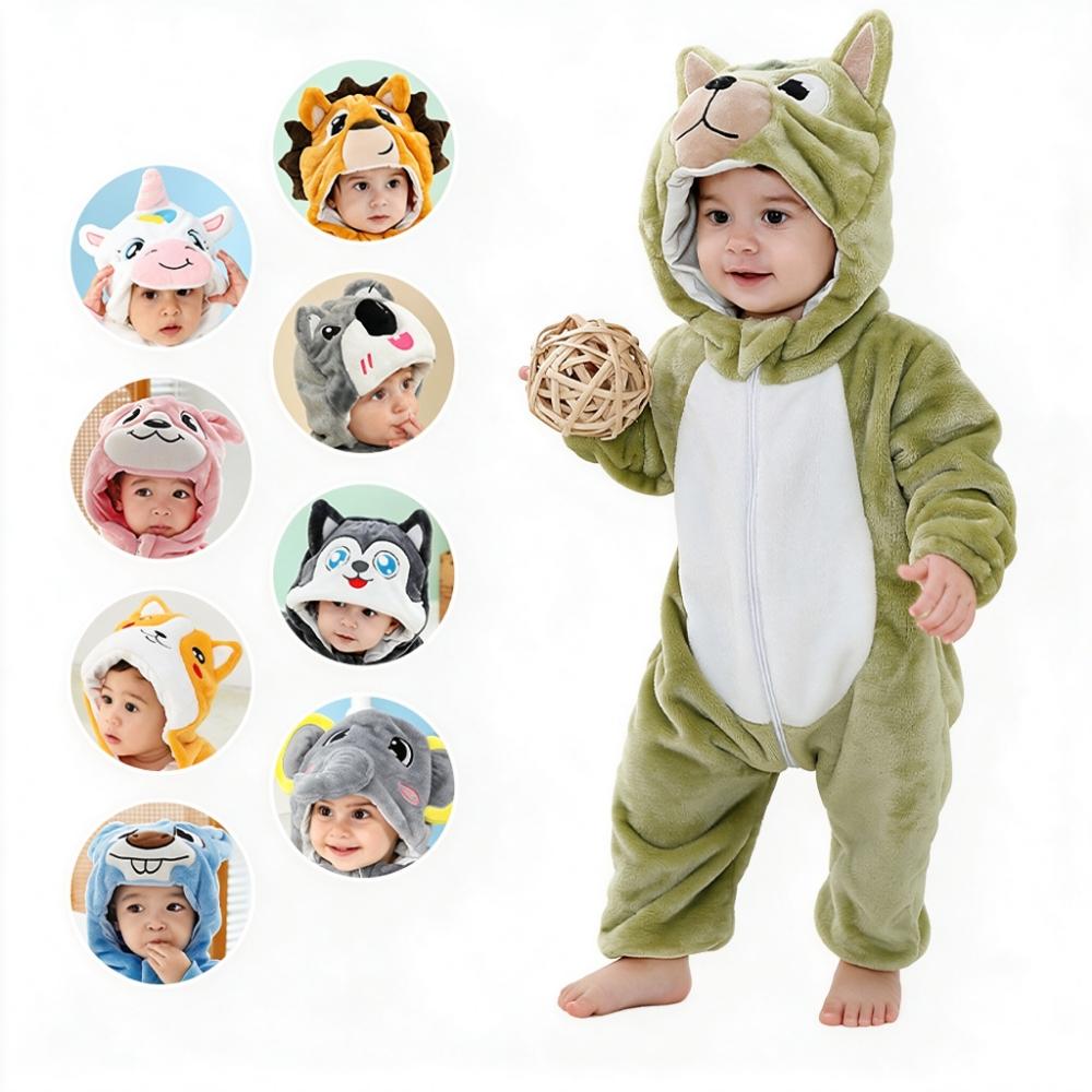 Tuta Intera in Flanella con Cappuccio di Animaletto, Tuta Monopezzo Cartone Animato con Cappuccio 3D e Zip Bidirezionale per Autunno e Inverno