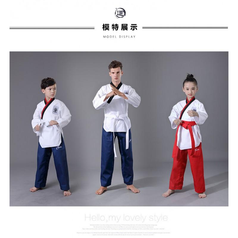 Taekwondo Poomsae Uniform Erwachsene Kinder Training Wettkampf Leistung Coaching Weißes Oberteil Blaue Rote Schwarze Hose