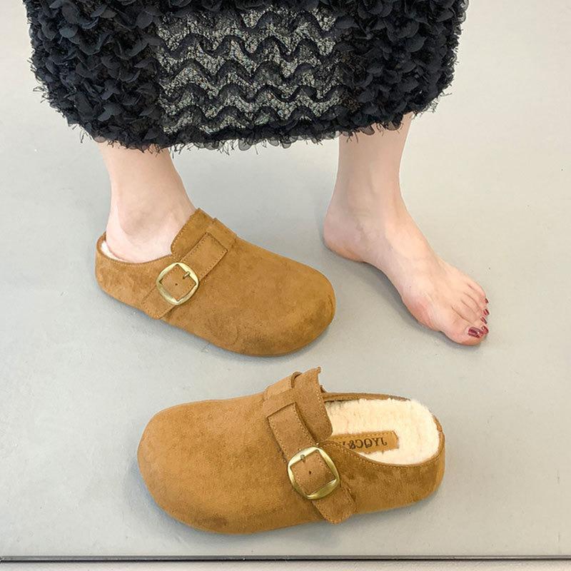 Leather thick-soled bag head slippers for women to wear autumn new retro one-pedal fluffy cotton slippers