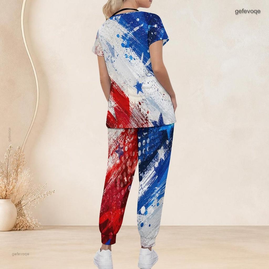 Women Plus Size Splash Patriotic Star Print Scrub Set Short Sleeve V Neck Top And Wide Long Pants Medical Uniform